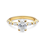 front view of unique yellow gold engagement ring featuring lab grown diamonds and a diamond set band. Made in london, uk