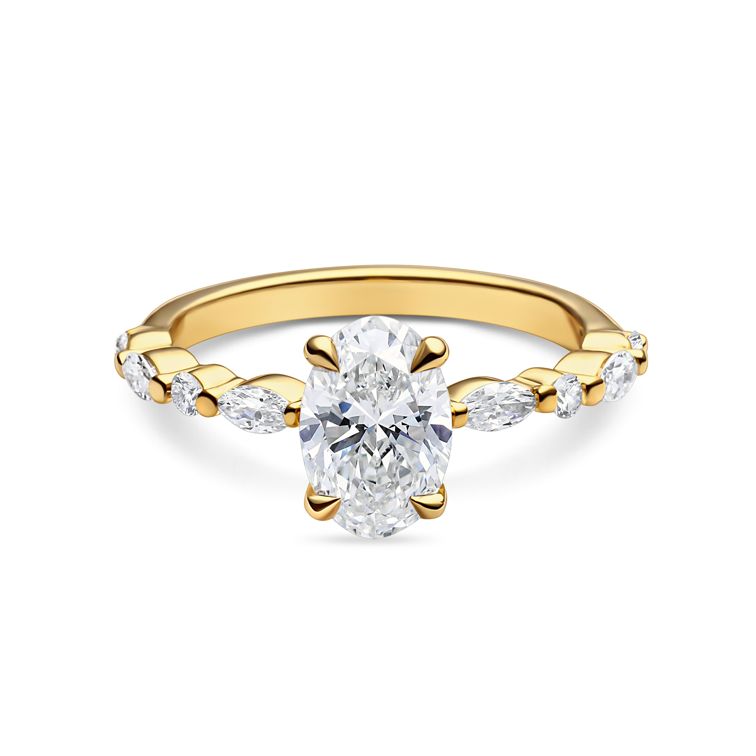 front view of unique yellow gold engagement ring featuring lab grown diamonds and a diamond set band. Made in london, uk