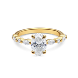 front view of unique yellow gold engagement ring featuring lab grown diamonds and a diamond set band. Made in london, uk