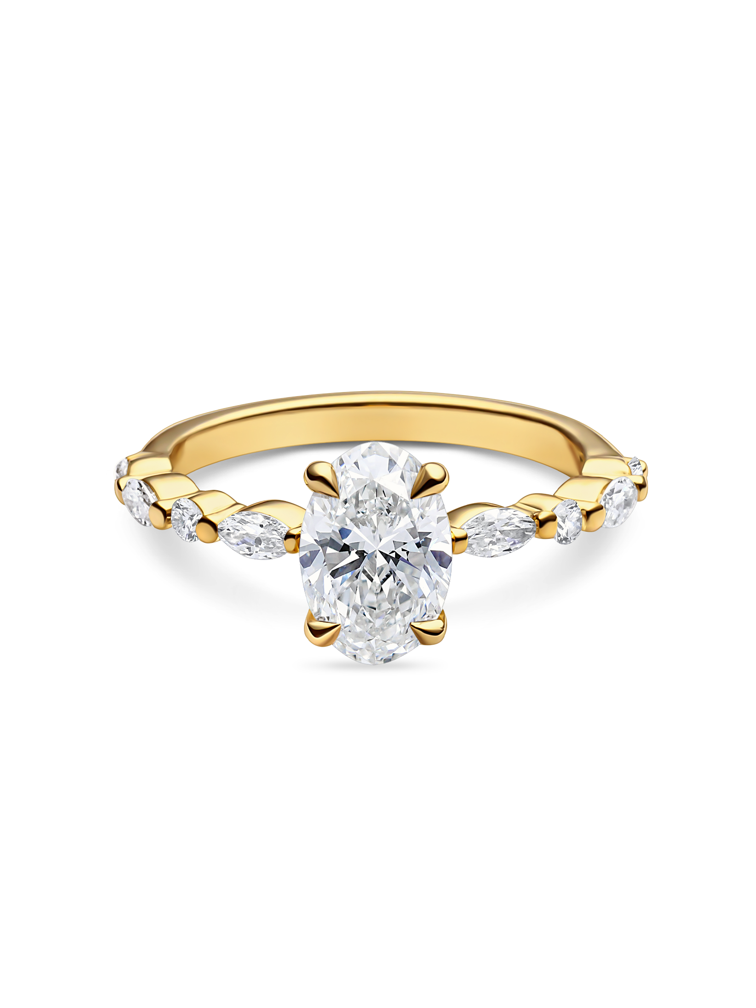 front view of unique yellow gold engagement ring featuring lab grown diamonds and a diamond set band. Made in london, uk
