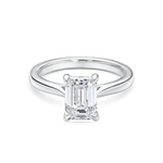 front view of platinum lab grown emerald cut solitaire engagement ring with cathedral setting. 2 carat