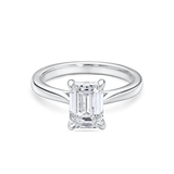 front view of platinum lab grown emerald cut solitaire engagement ring with cathedral setting. 2 carat