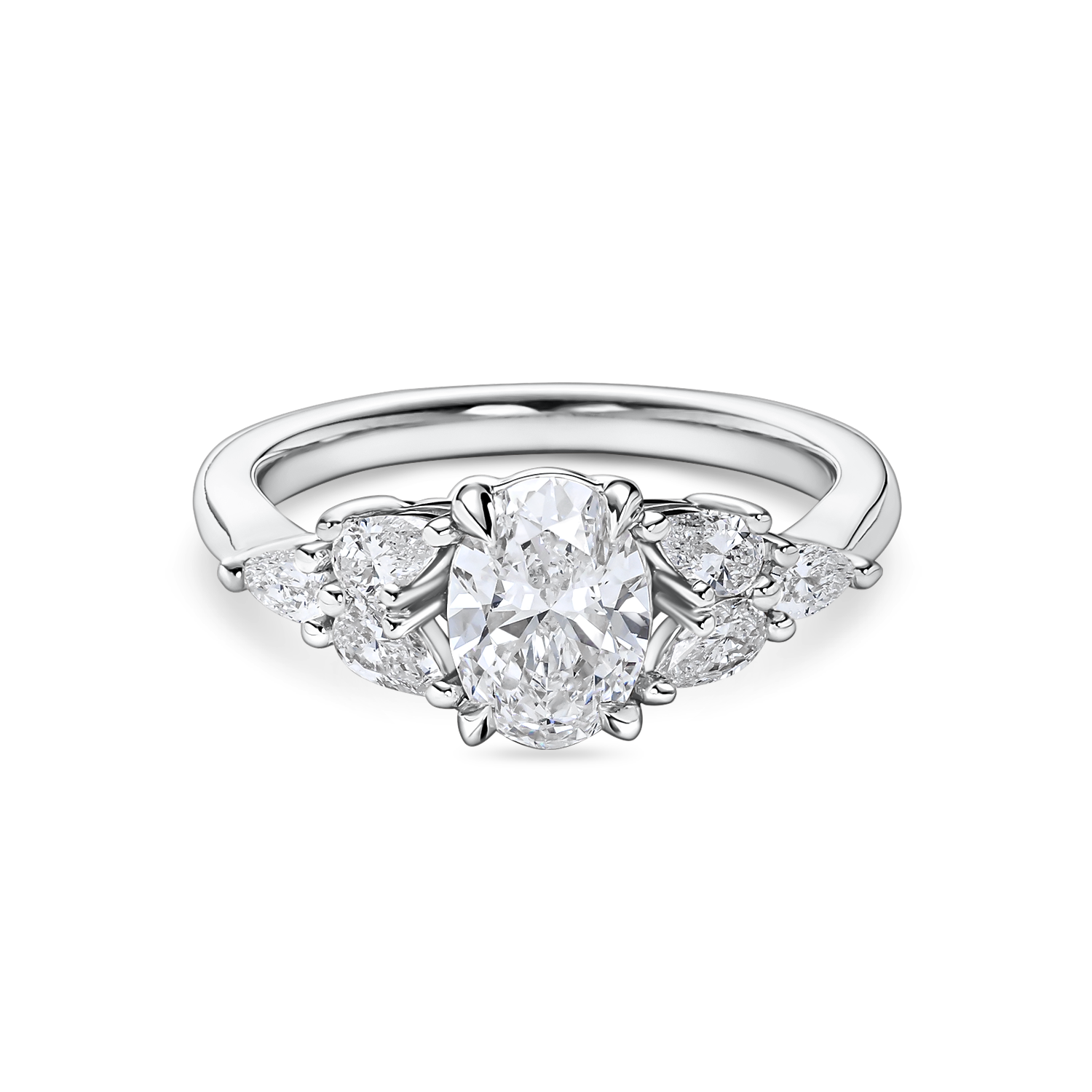 front view of Floral oval engagement ring with lab grown diamond and pear side stones in platinum
