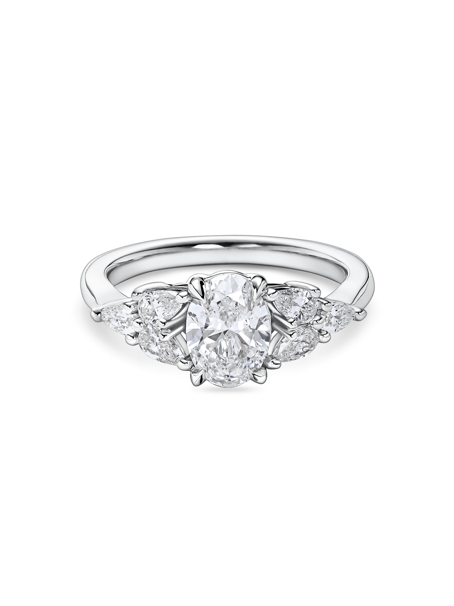 front view of Floral oval engagement ring with lab grown diamond and pear side stones in platinum