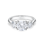 head on look at the round trilogy engagement ring featuring three lab grown round diamonds in platinum