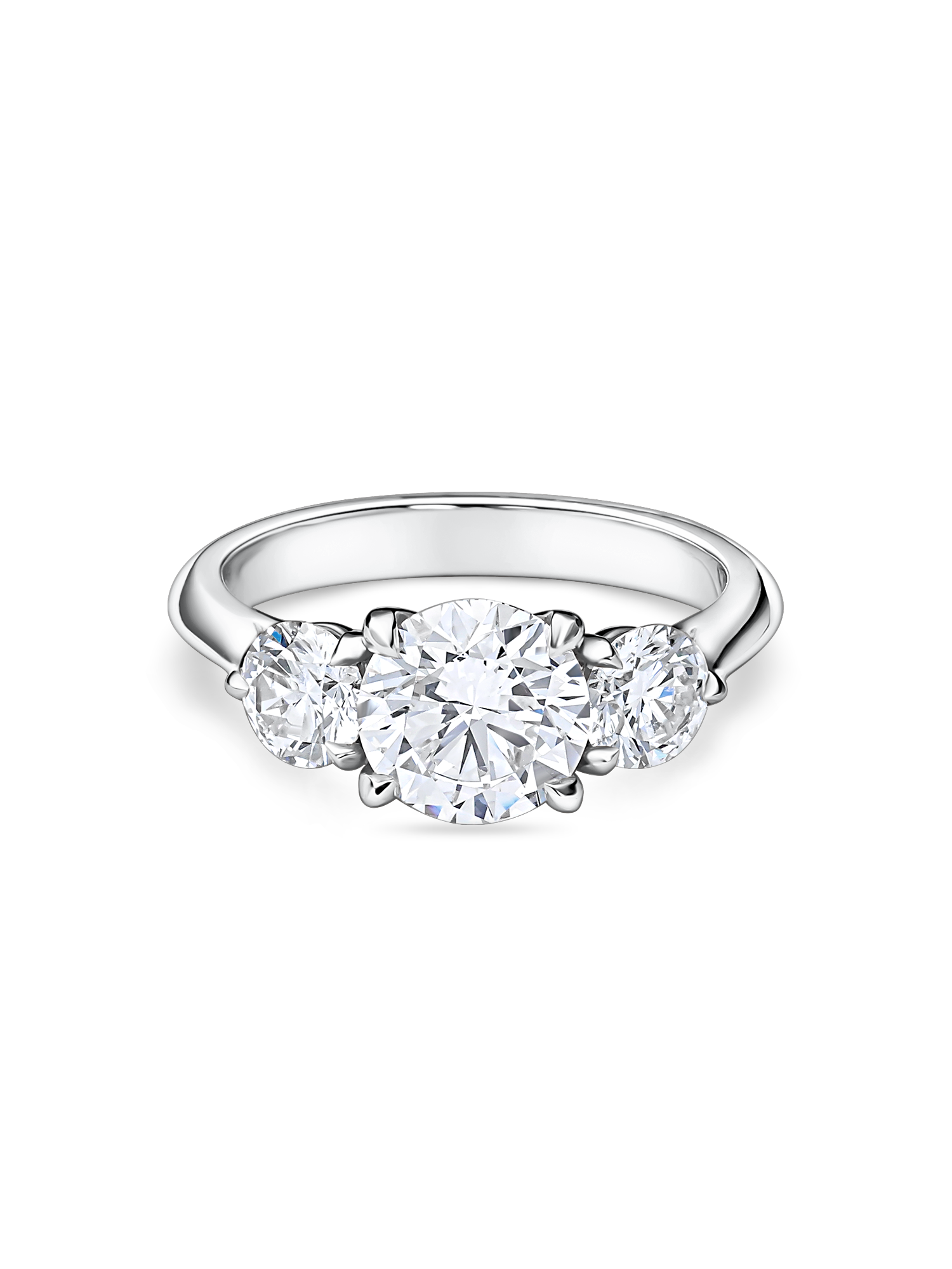 head on look at the round trilogy engagement ring featuring three lab grown round diamonds in platinum