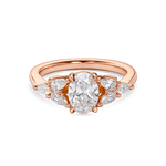 front view of Floral oval engagement ring with lab grown diamond and pear side stones in rose gold