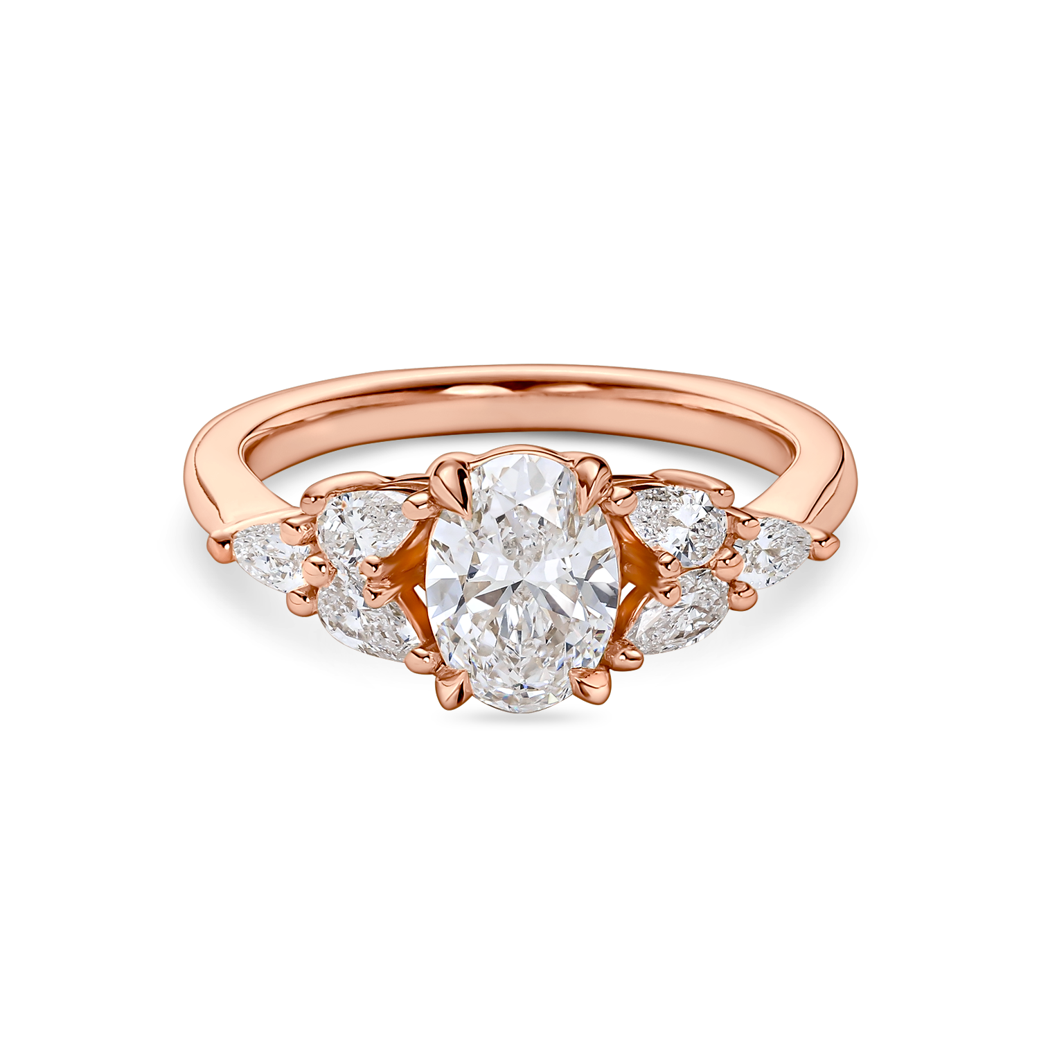front view of Floral oval engagement ring with lab grown diamond and pear side stones in rose gold