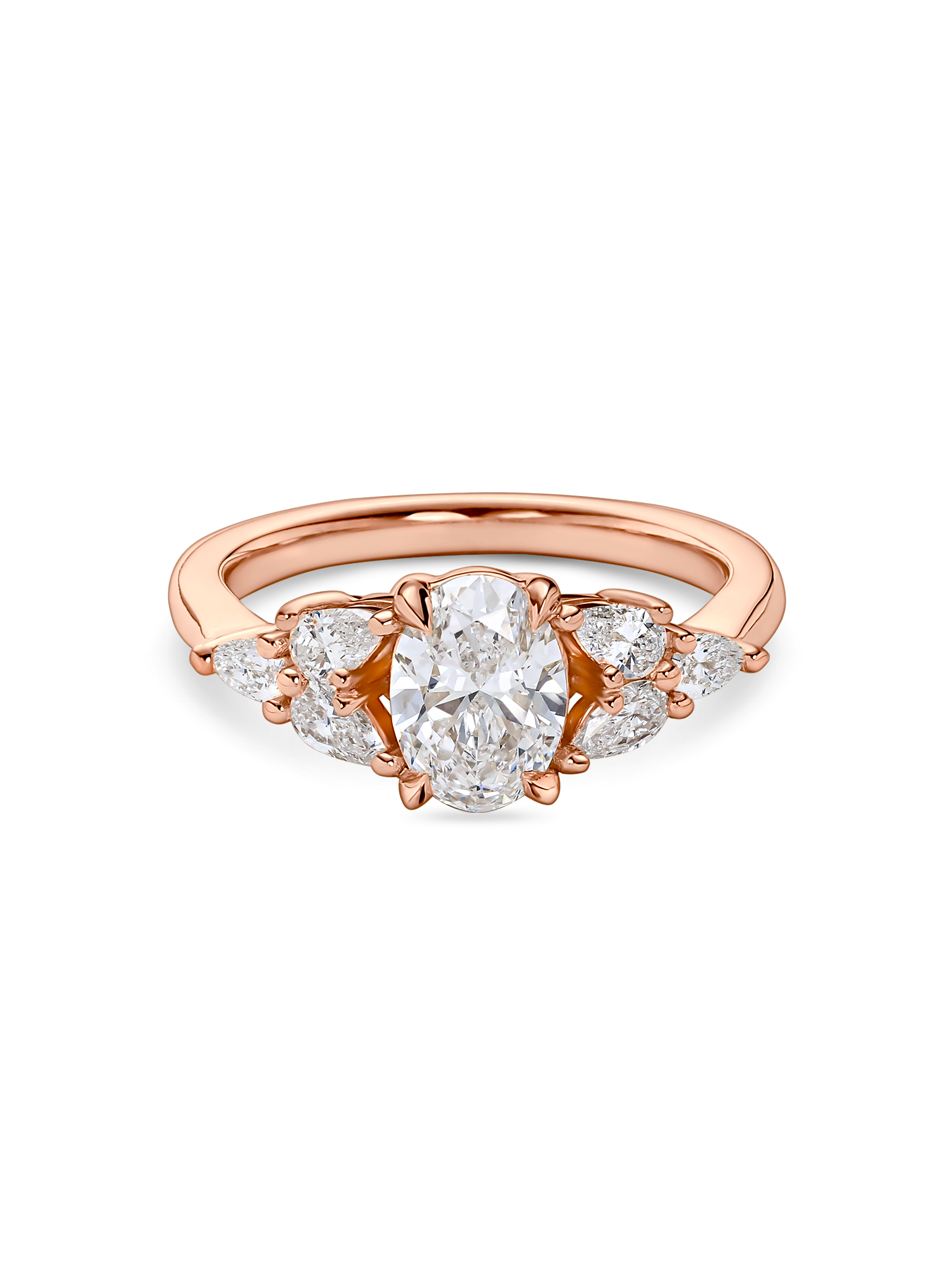 front view of Floral oval engagement ring with lab grown diamond and pear side stones in rose gold