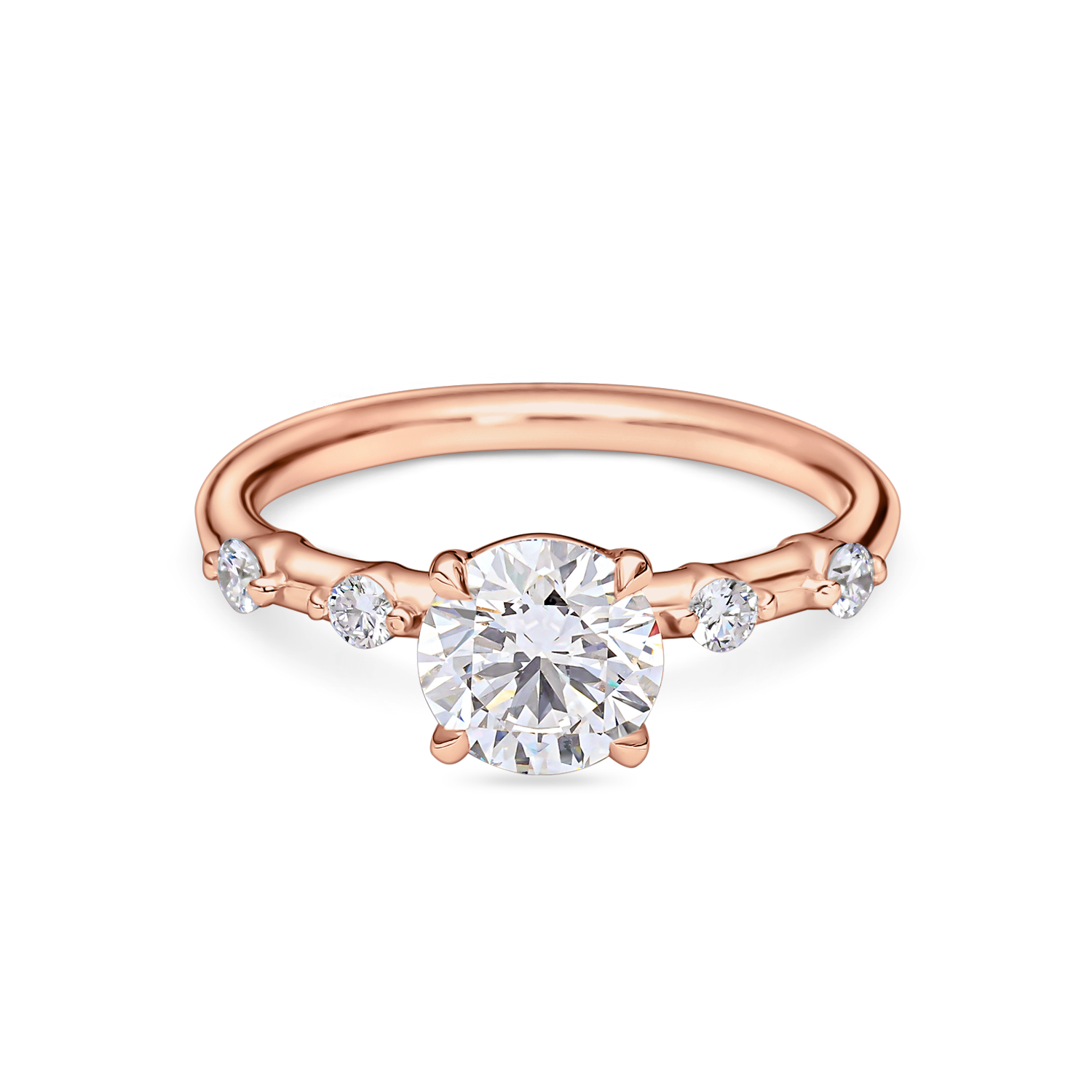 front view of round solitaire engagement ring with diamond shoulders in rose gold with lab grown diamond