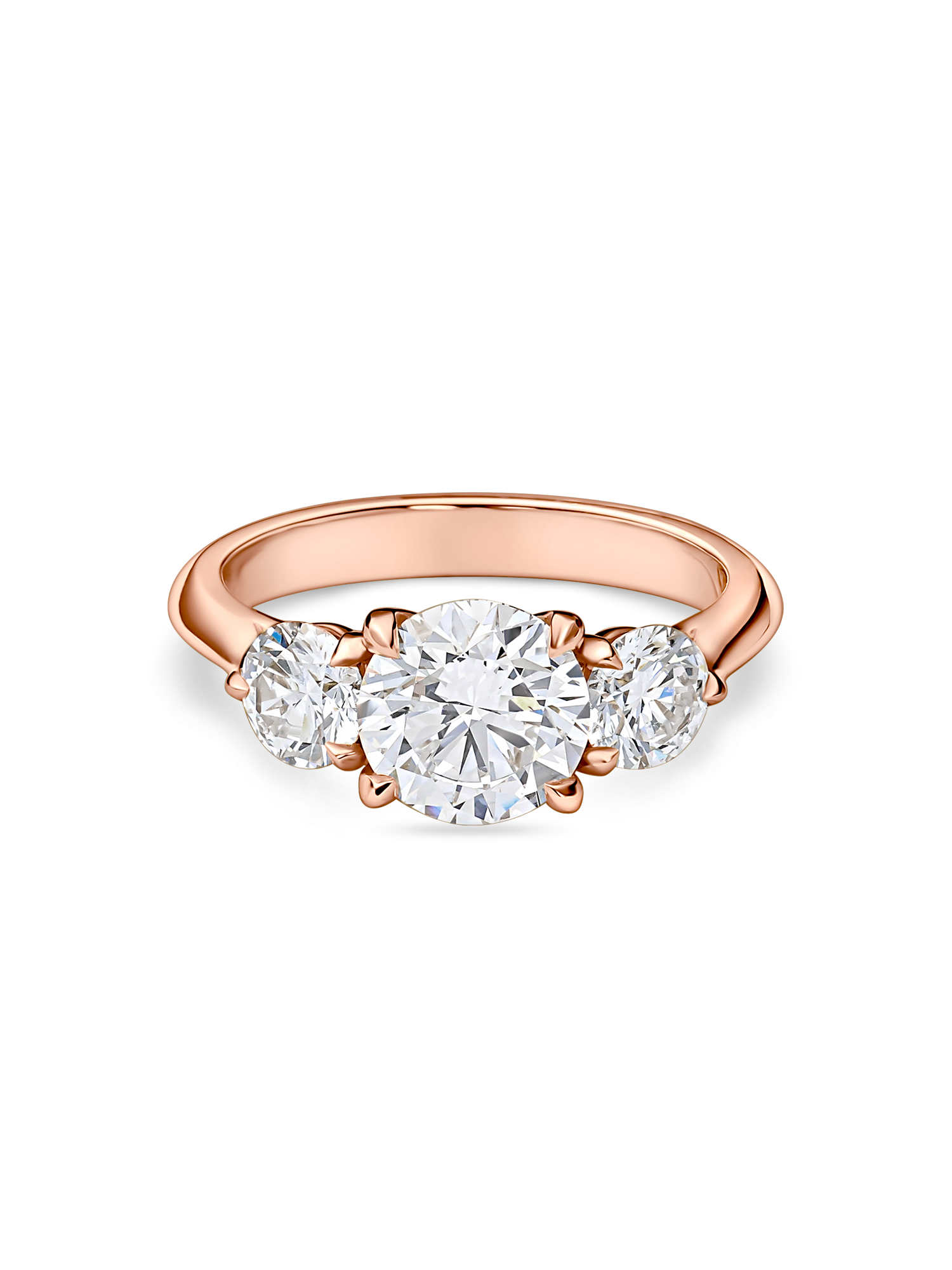head on look at the round trilogy engagement ring featuring three lab grown round diamonds