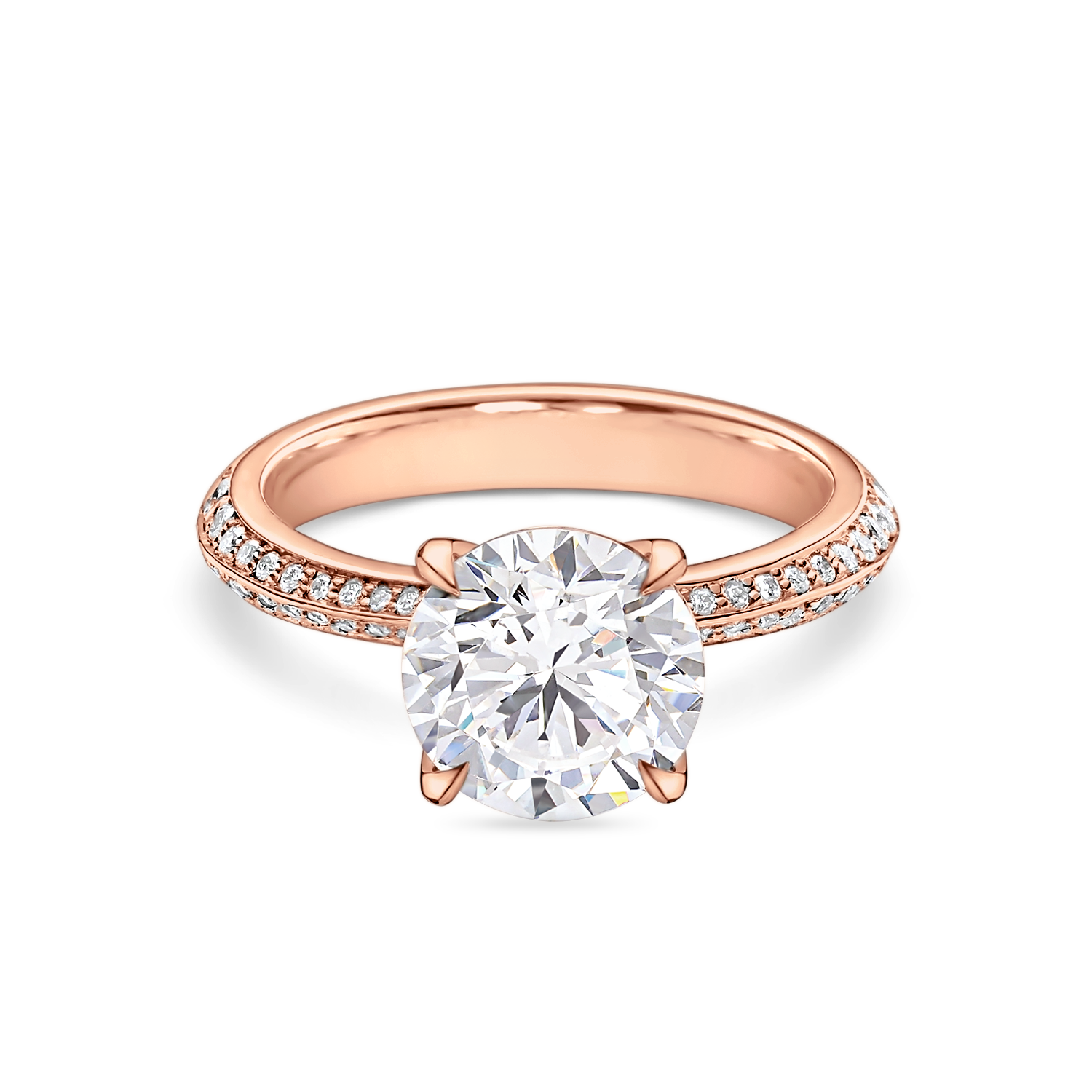front view of 2 carat round solitaire with diamond set band. made from lab grown diamonds and recycled rose gold