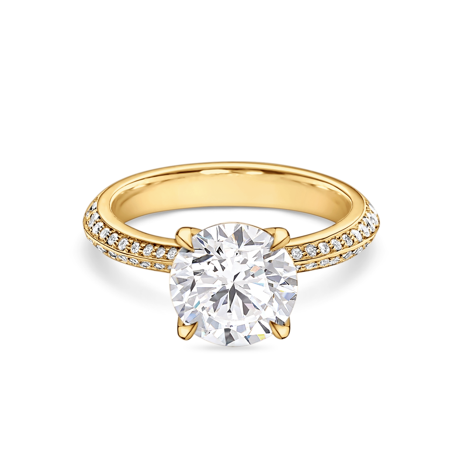 front view of 2 carat round solitaire with diamond set band. made from lab grown diamonds and recycled yellow gold