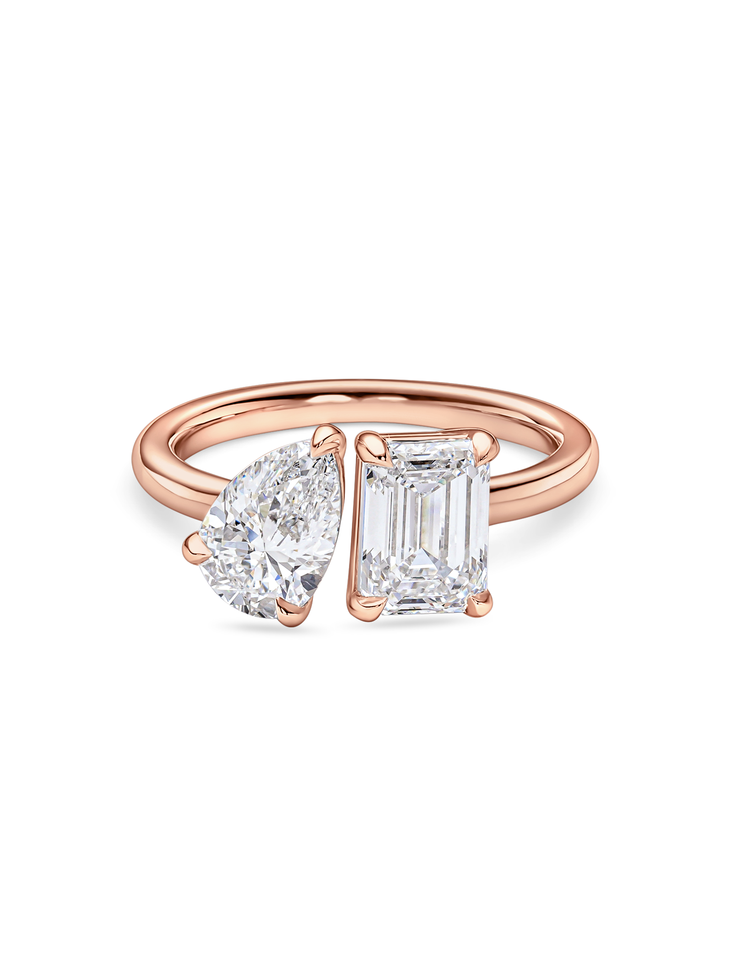 front view of a 2 carat toi et moi ring. Lab Grown pear and emerald cut diamonds in rose gold