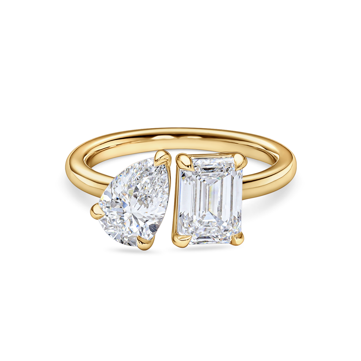 front view of a 2 carat toi et moi ring. Lab Grown pear and emerald cut diamonds in yellow gold