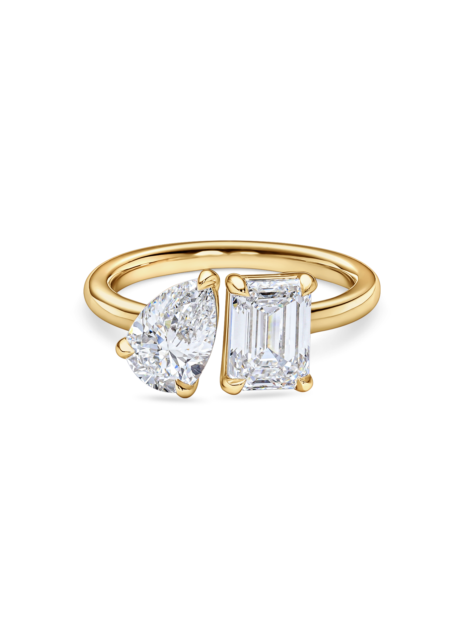 front view of a 2 carat toi et moi ring. Lab Grown pear and emerald cut diamonds in yellow gold