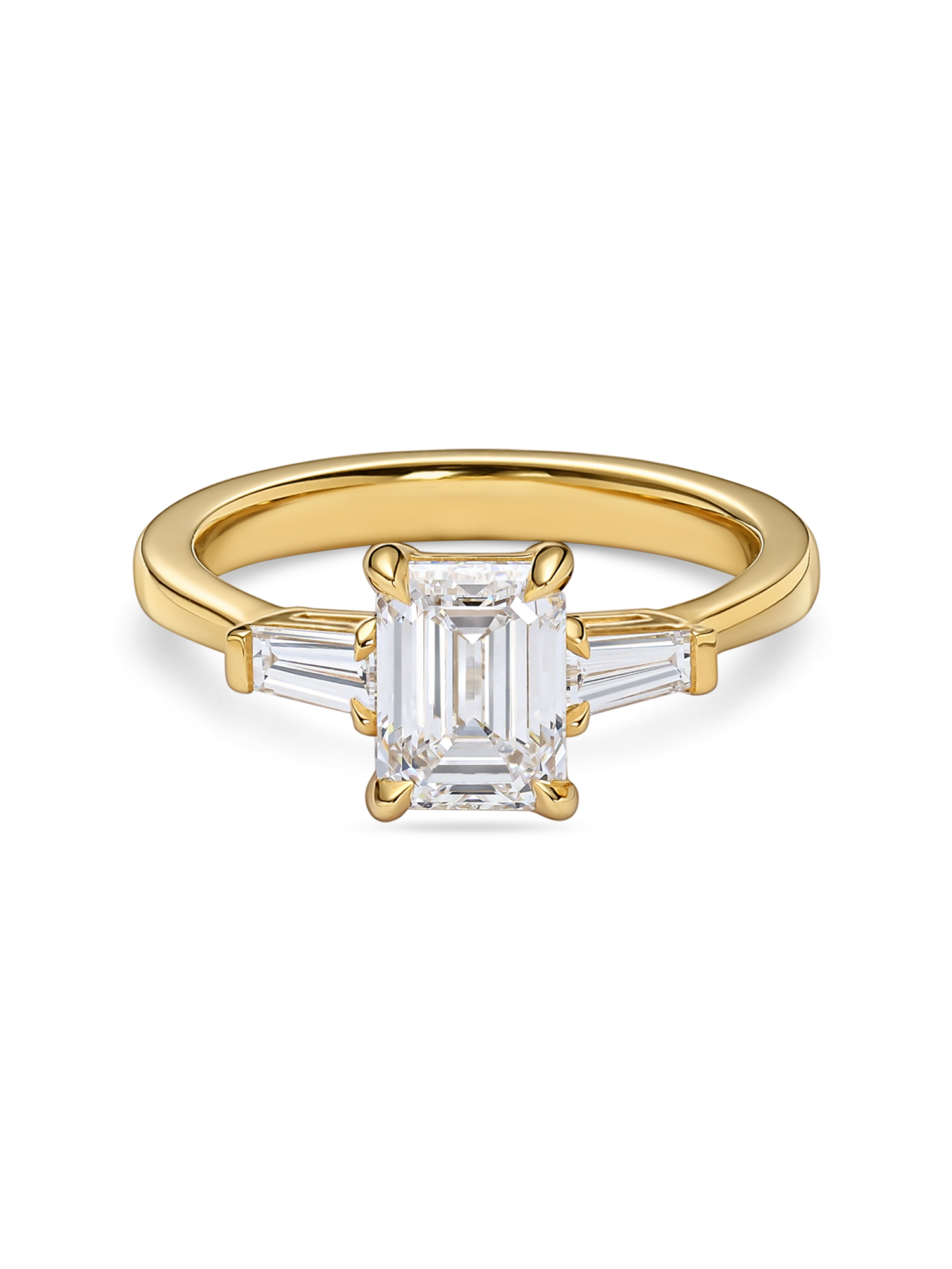 emerald cut trilogy engagement ring in yellow gold side view. features 2 carat lab grown diamond