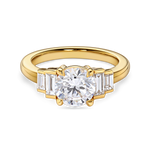 front view yellow gold art deco engagement ring. Five stone ring with round lab grown diamonds and side baguettes. 1.5 carat