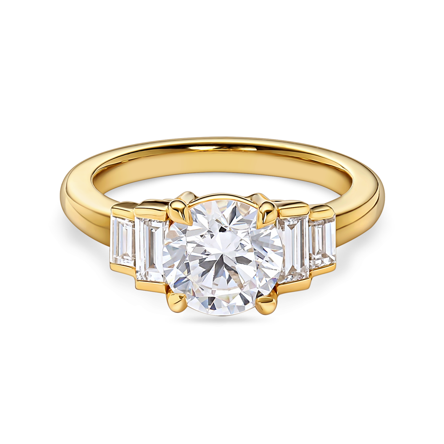 front view yellow gold art deco engagement ring. Five stone ring with round lab grown diamonds and side baguettes. 1.5 carat