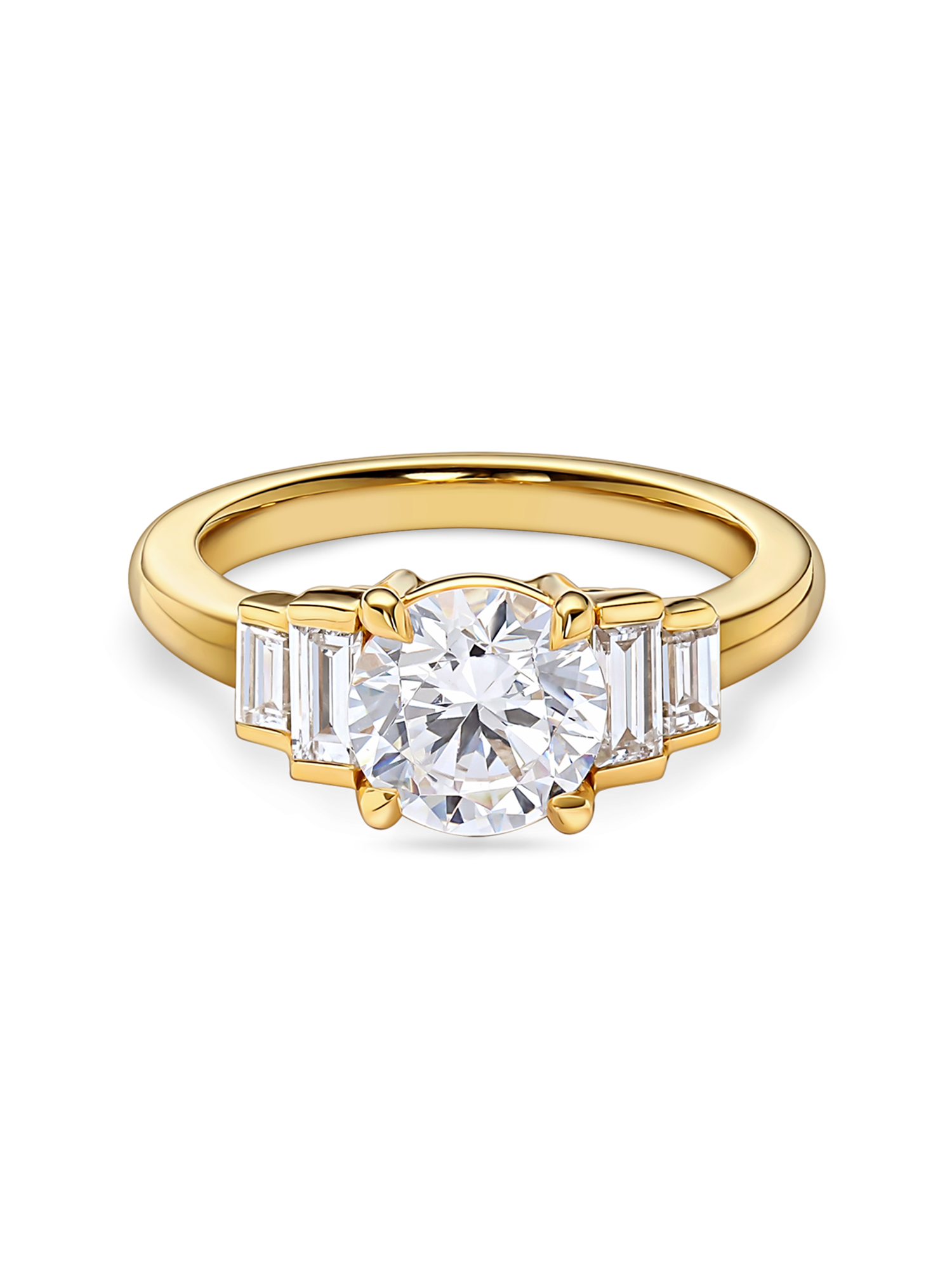 front view yellow gold art deco engagement ring. Five stone ring with round lab grown diamonds and side baguettes. 1.5 carat
