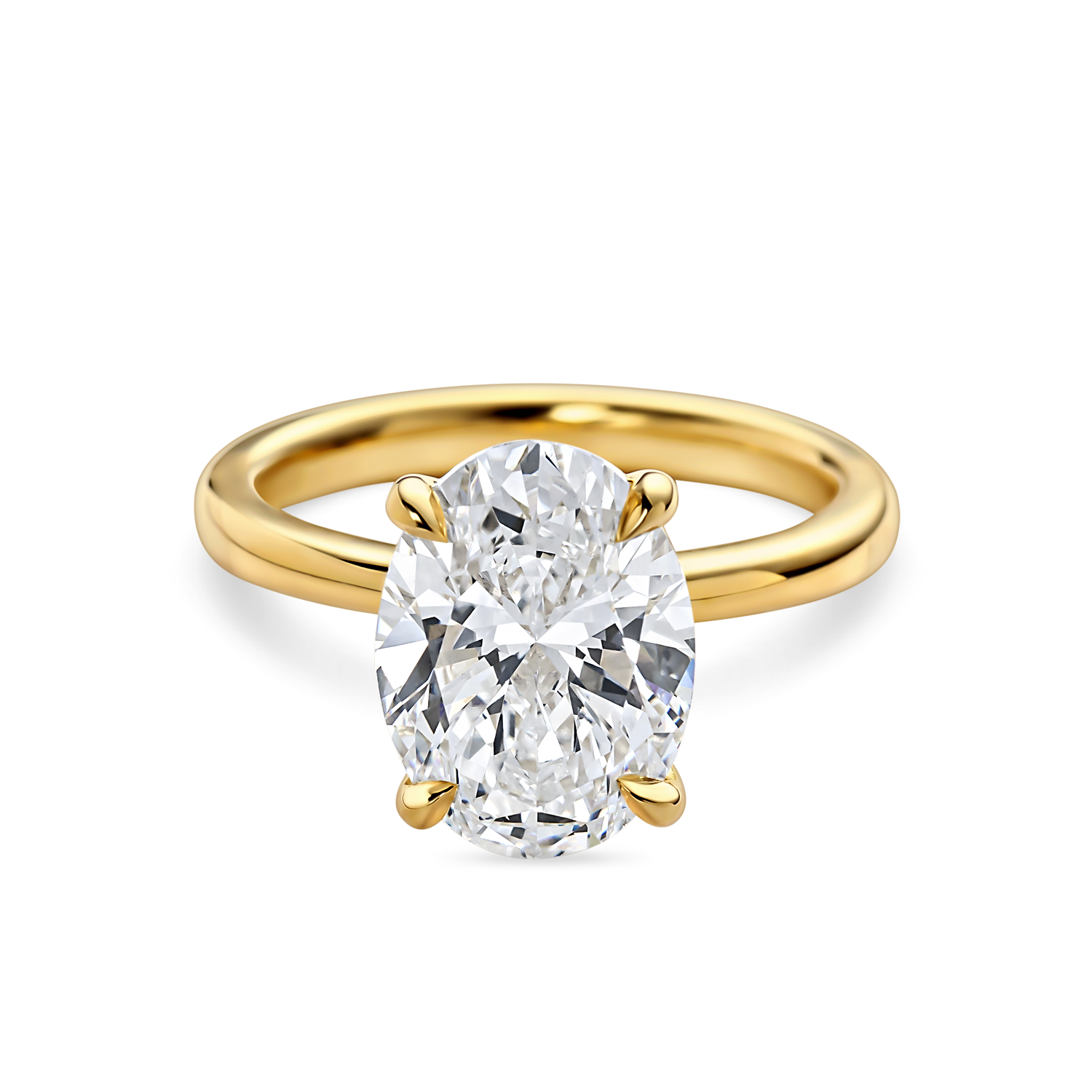 front view of Oval solitaire engagement ring with lab grown diamond in recycled yellow gold. 3 carat oval diamond