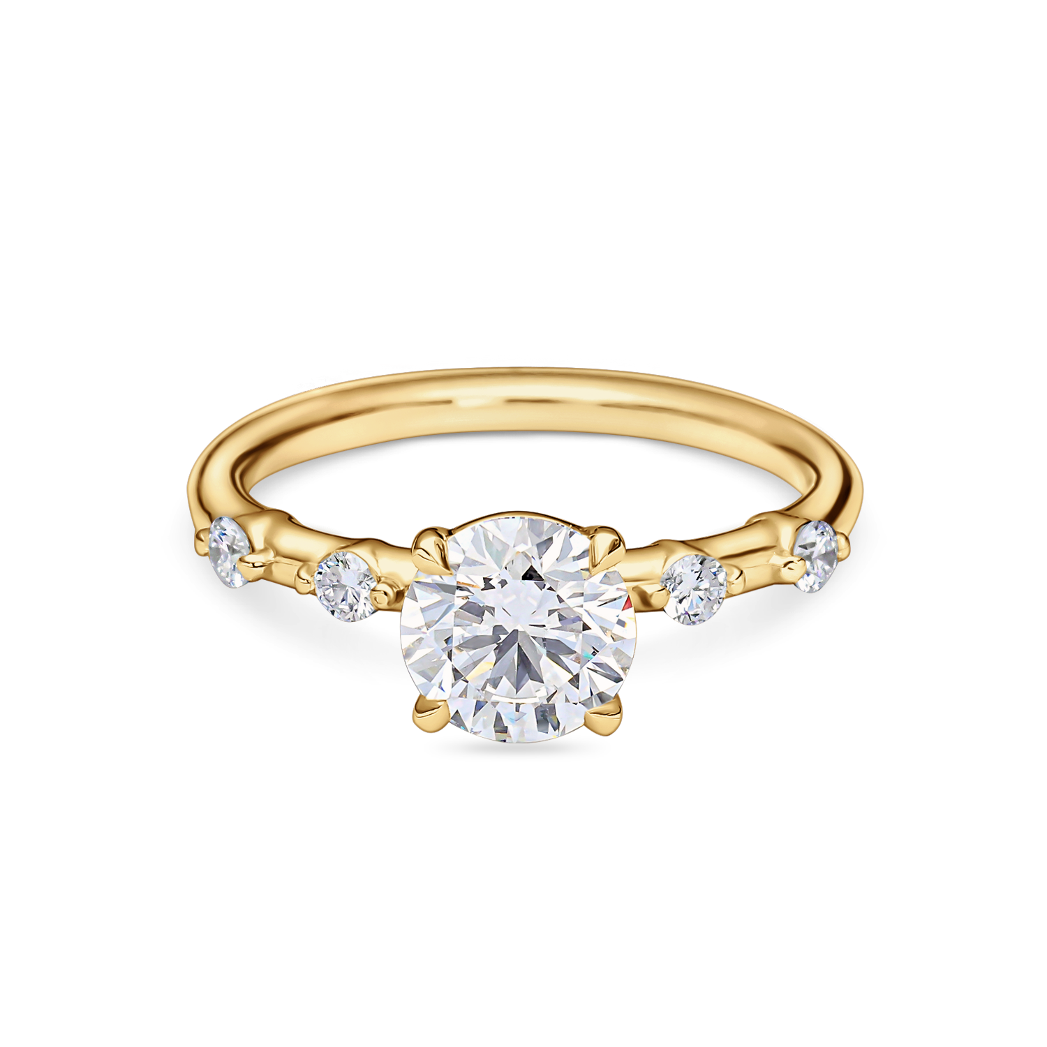 front view of round solitaire engagement ring with diamond shoulders in yellow gold with lab grown diamond