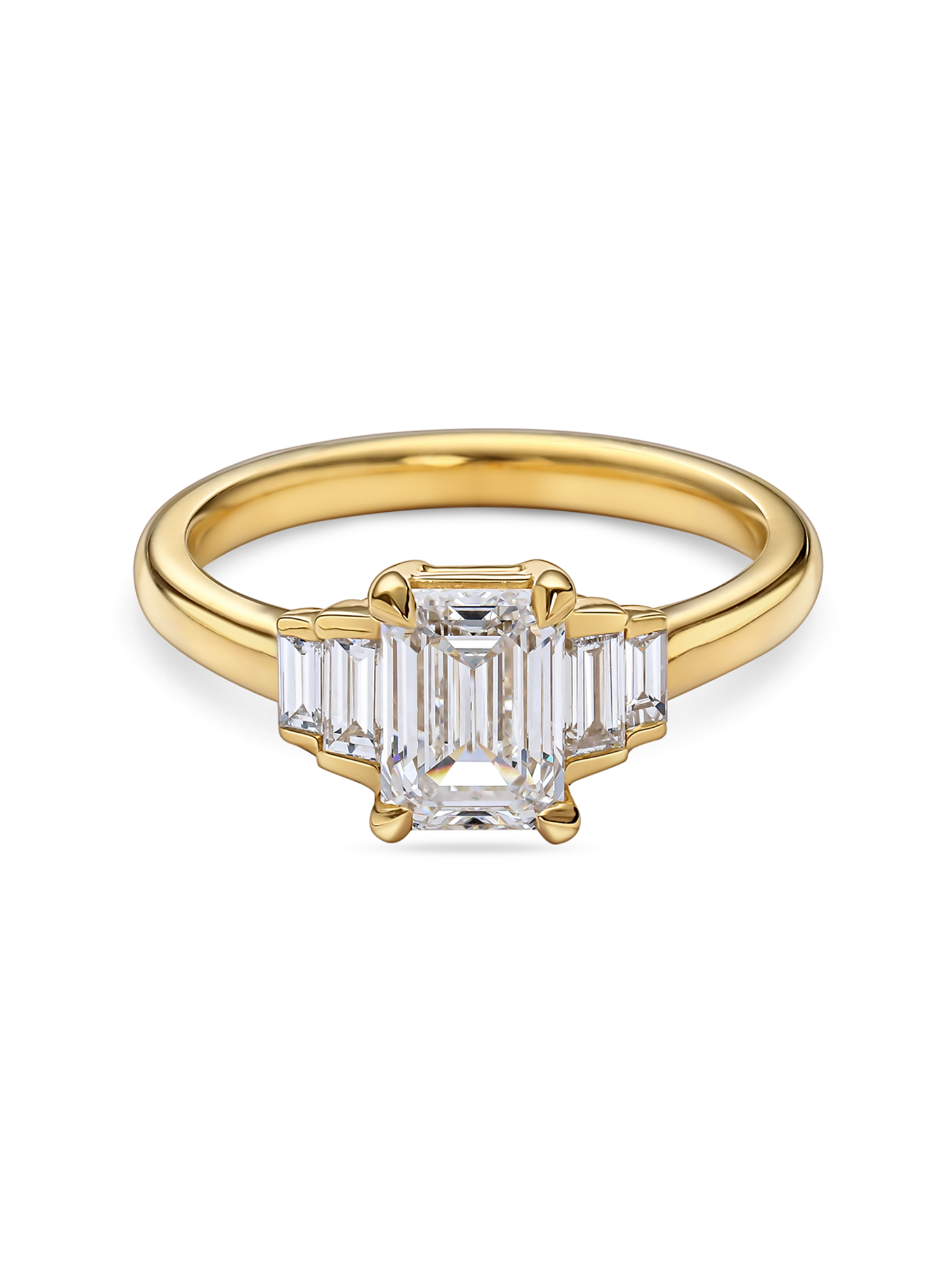 Five Stone Art Deco Emerald Cut Engagement Ring in yellow gold. Lab grown emerald cut diamond. front view