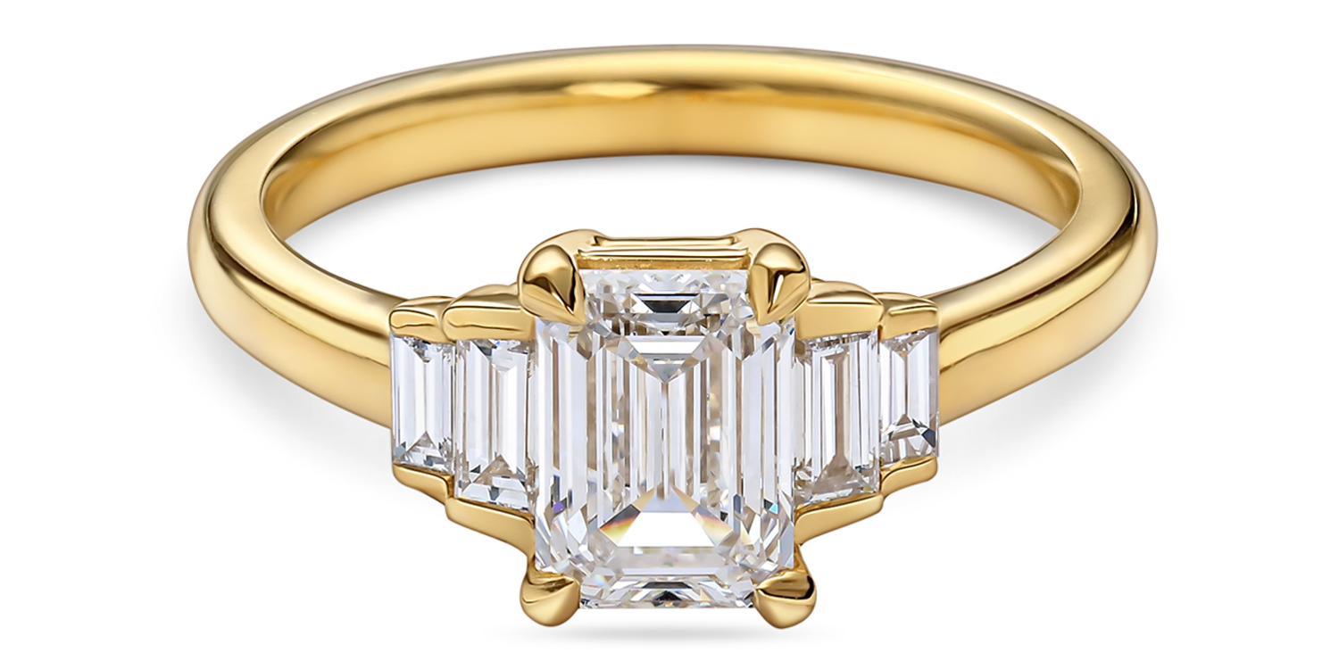 Five Stone Art Deco Emerald Cut Engagement Ring in yellow gold. Lab grown emerald cut diamond. front view