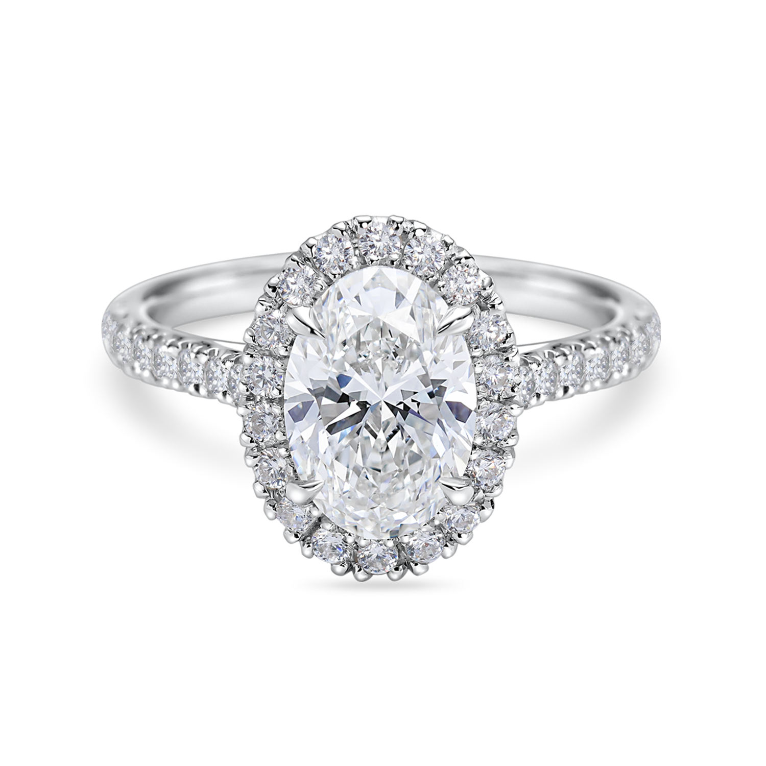 Beautiful lab grown oval halo engagement ring with diamond set band. Platinum band, front view