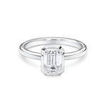 front view of a 1.5 carat bezel set emerald cut solitaire in rubover setting platinum