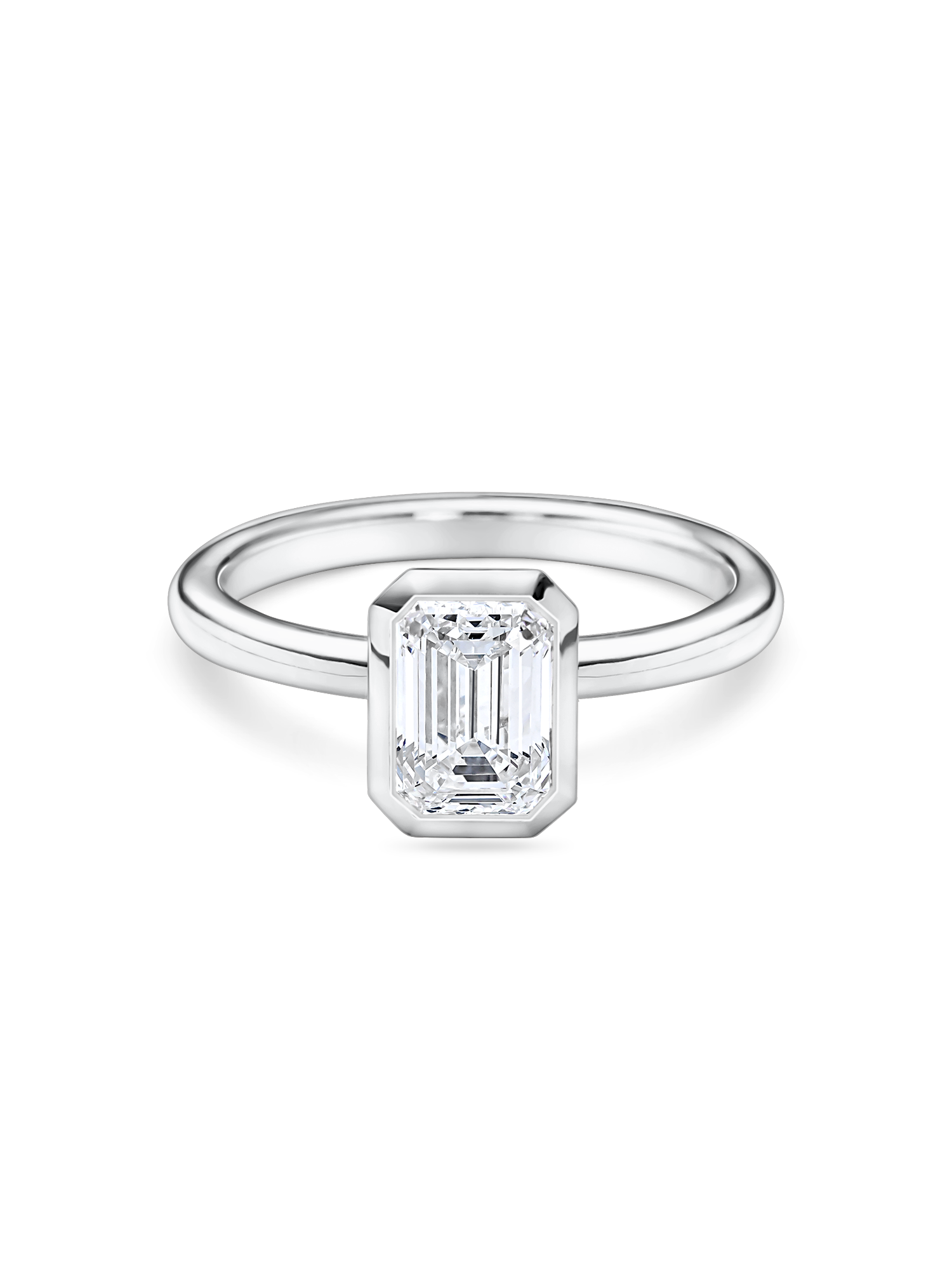 front view of a 1.5 carat bezel set emerald cut solitaire in rubover setting platinum