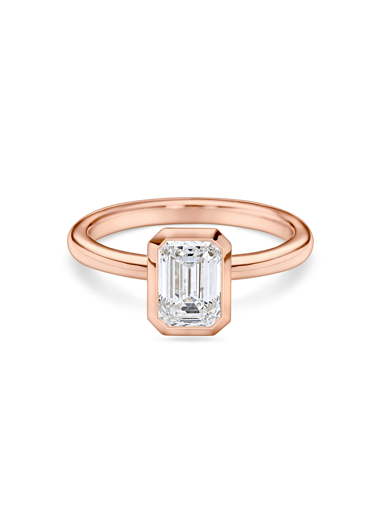 front view of a 1.5 carat bezel set emerald cut solitaire in rubover setting rose gold
