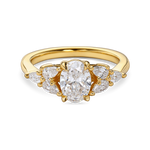 front view of Floral oval engagement ring with lab grown diamond and pear side stones in yellow gold