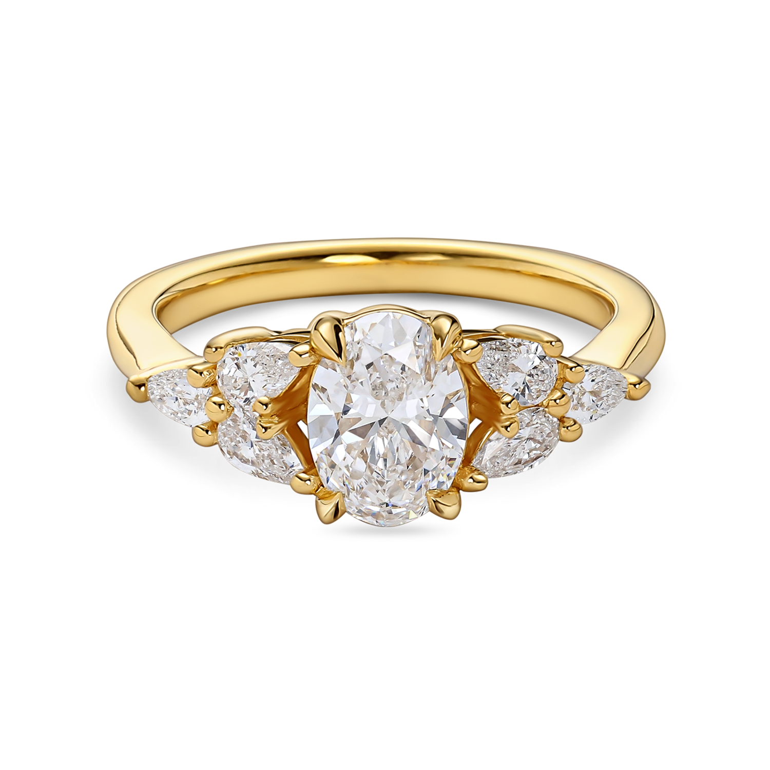 front view of Floral oval engagement ring with lab grown diamond and pear side stones in yellow gold