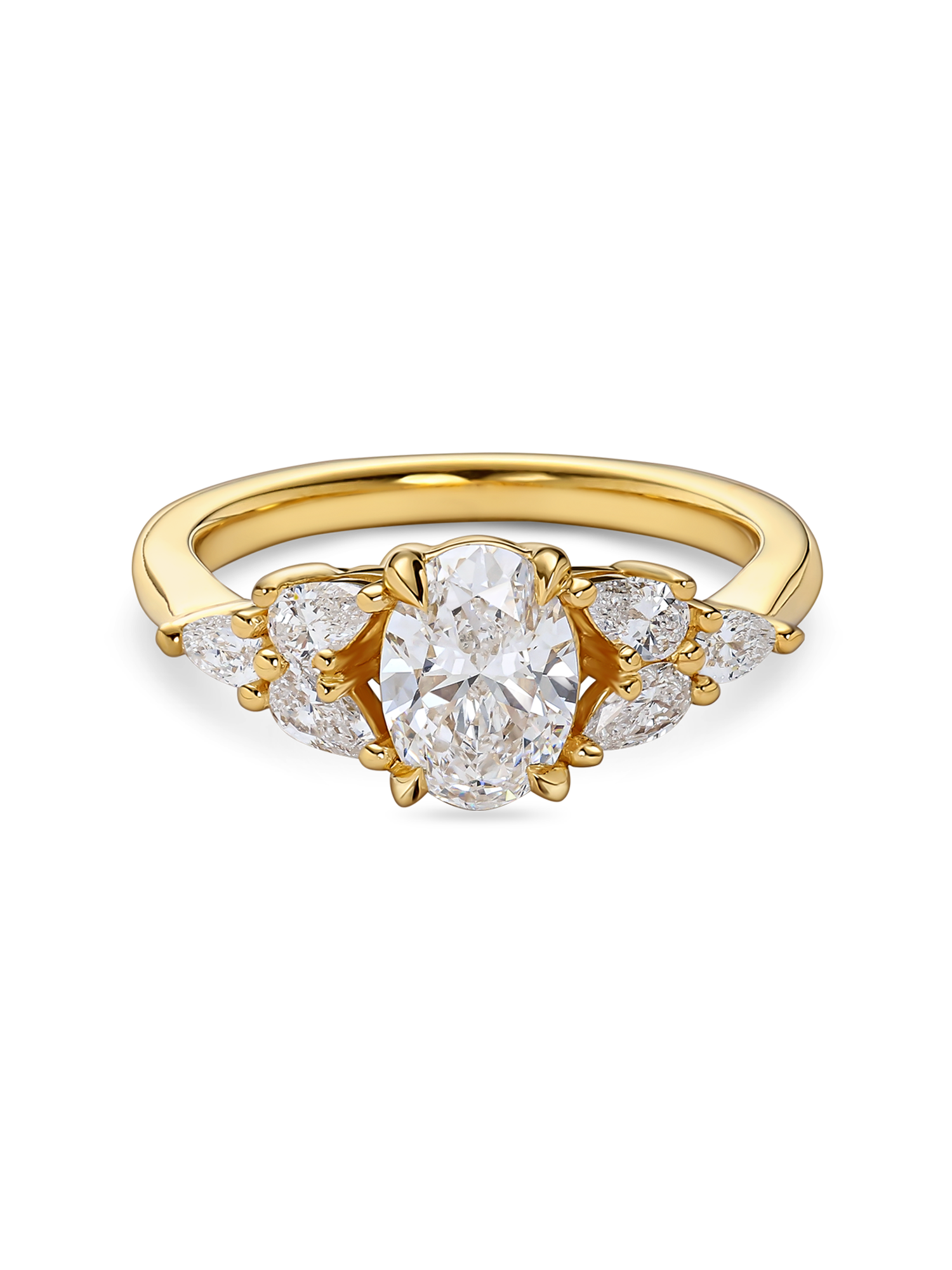 front view of Floral oval engagement ring with lab grown diamond and pear side stones in yellow gold