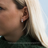 lab grown diamond drop earrings. Round and pear diamond earrings in platinum, on model. 2 carats total weight