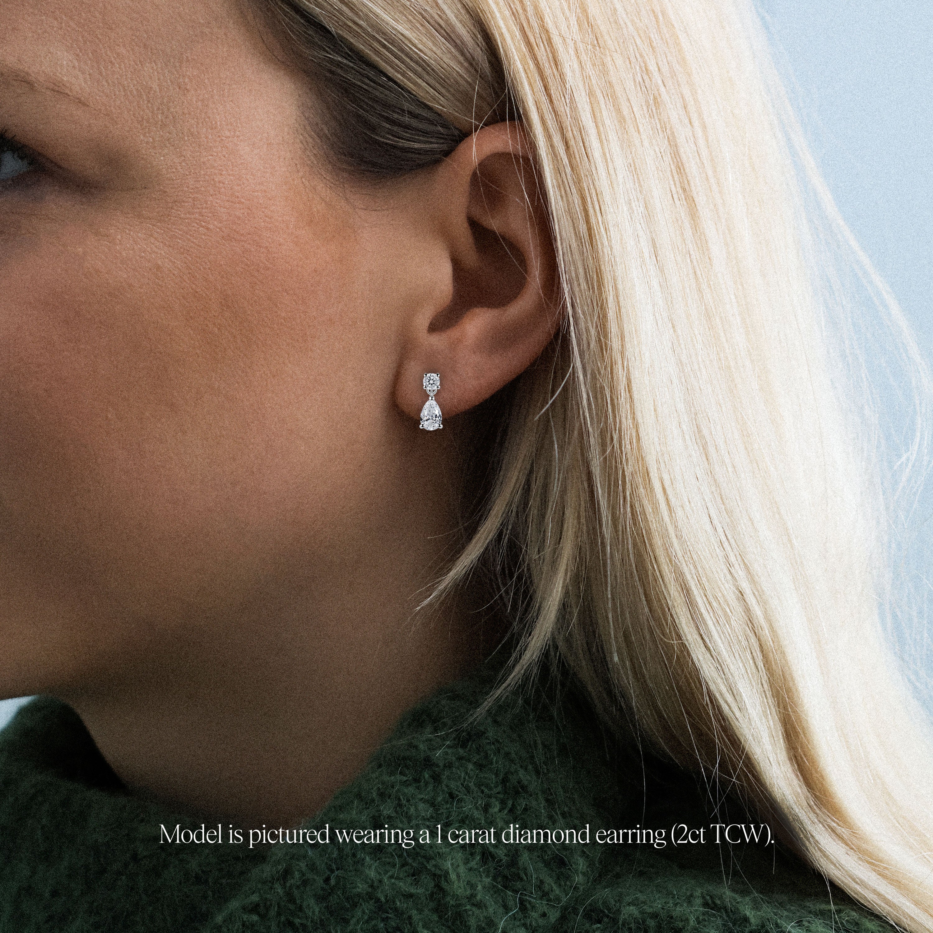 lab grown diamond drop earrings. Round and pear diamond earrings in platinum, on model. 2 carats total weight