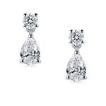close up of lab grown diamond drop earrings. Round and pear diamond earrings in platinum, on model. 2 carats total weight