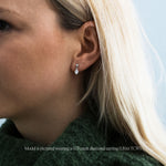 model wearing a lab grown round and oval diamond drop earring in platinum, 1.5 total carat weight