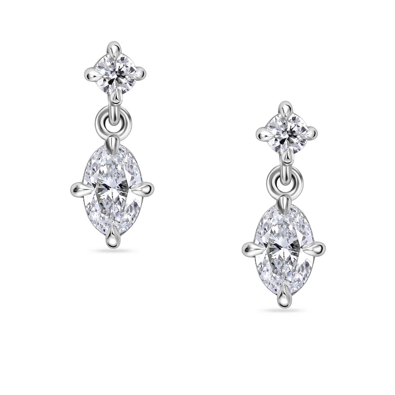 lab grown oval and round diamond drop earrings in platinum