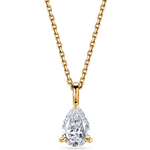 lab grown diamond necklace. Pear shaped pendant in yellow gold zoomed in. handmade in london