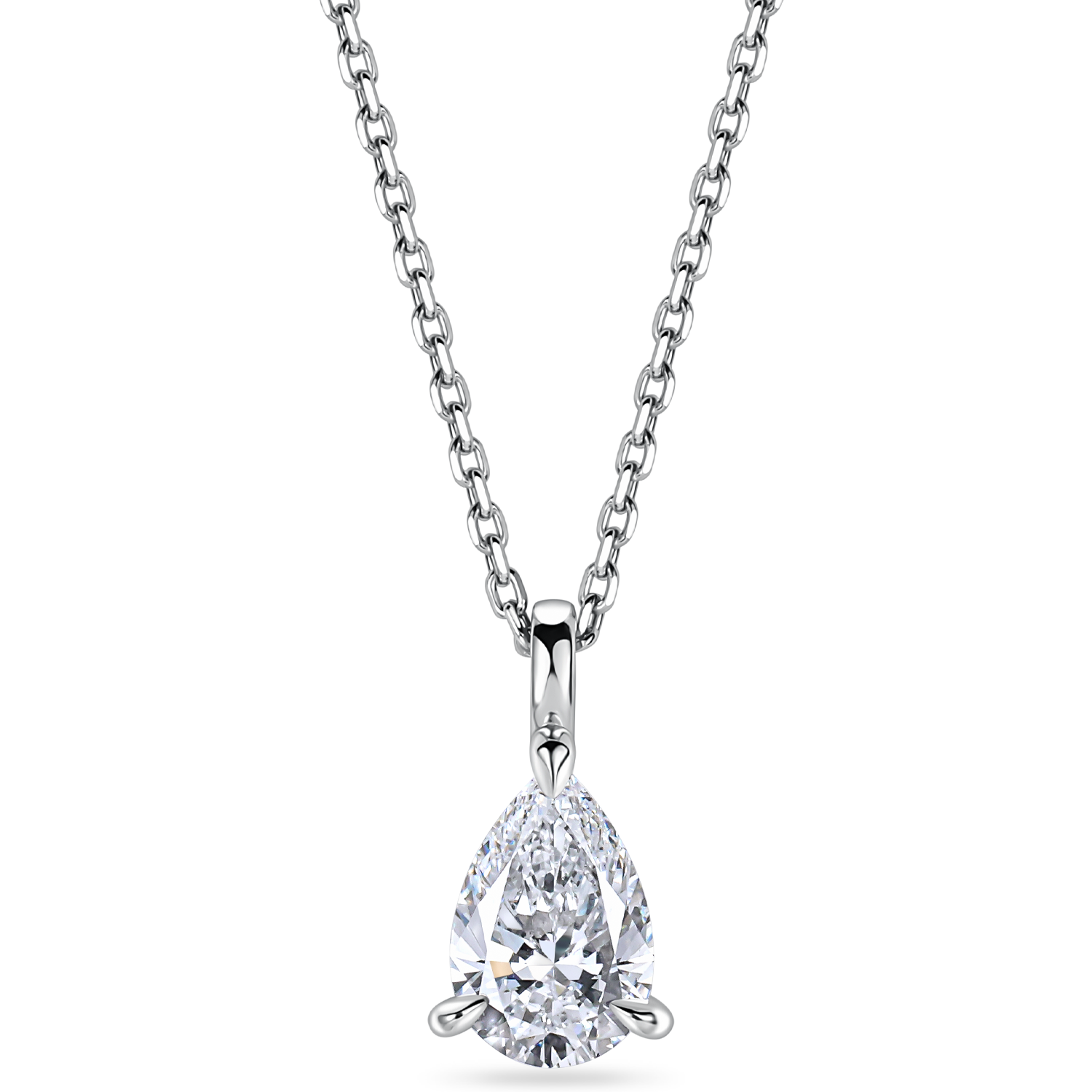 lab grown diamond necklace. Pear shaped pendant in platinum zoomed in. handmade in london