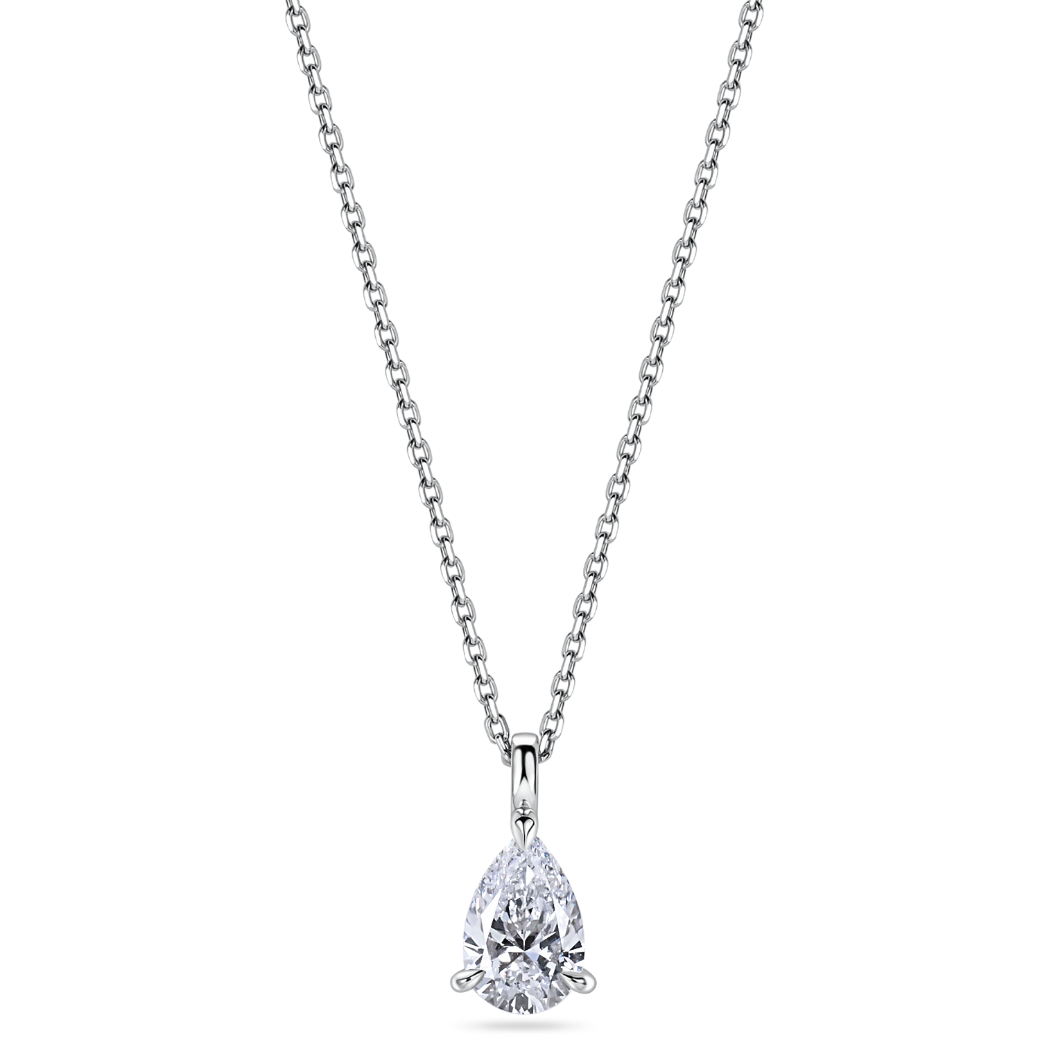 lab grown diamond necklace. Pear shaped pendant in platinum zoomed out. handmade in london
