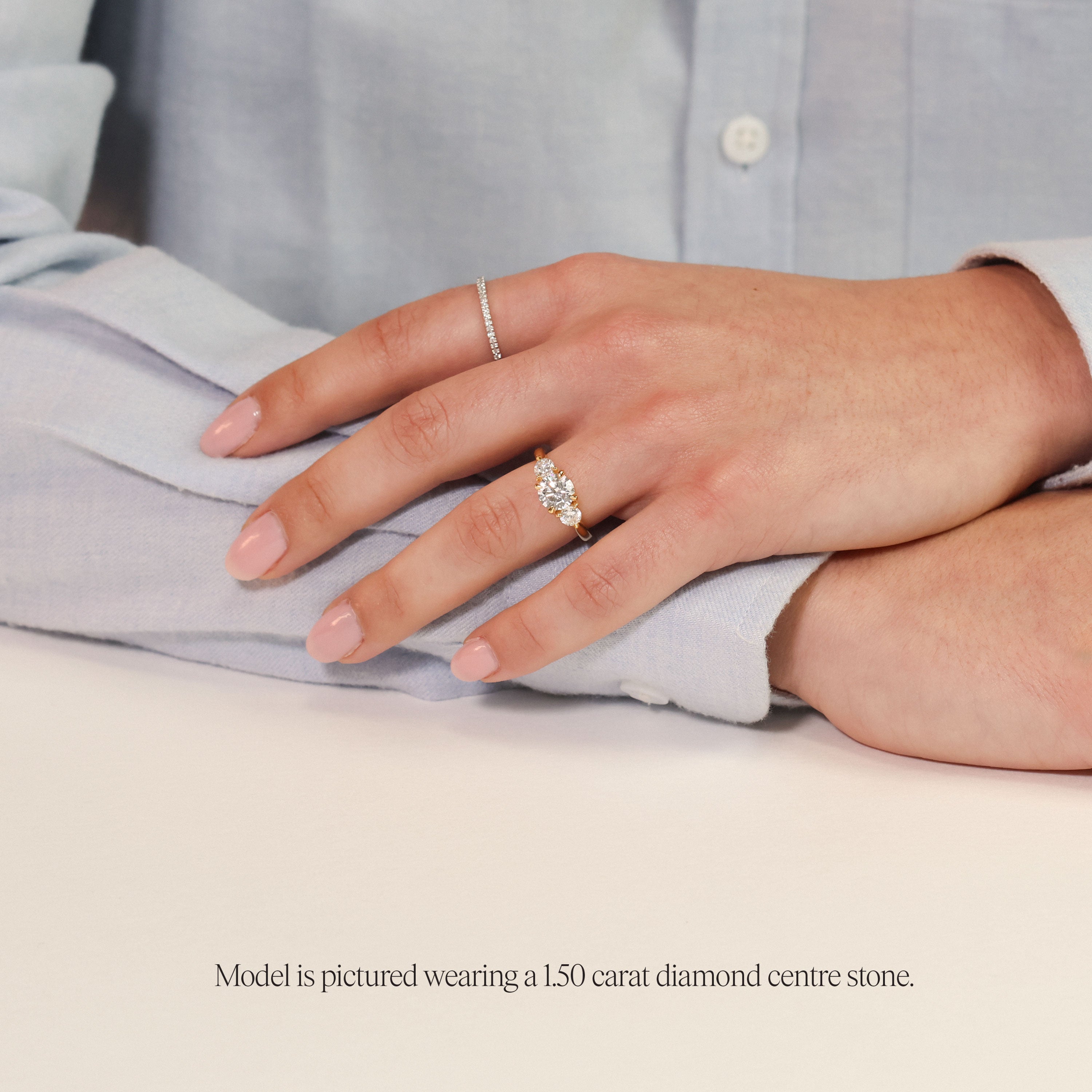  look at the round trilogy engagement ring featuring three lab grown round diamonds in yellow view on models hand wearing a 1.5 carat option