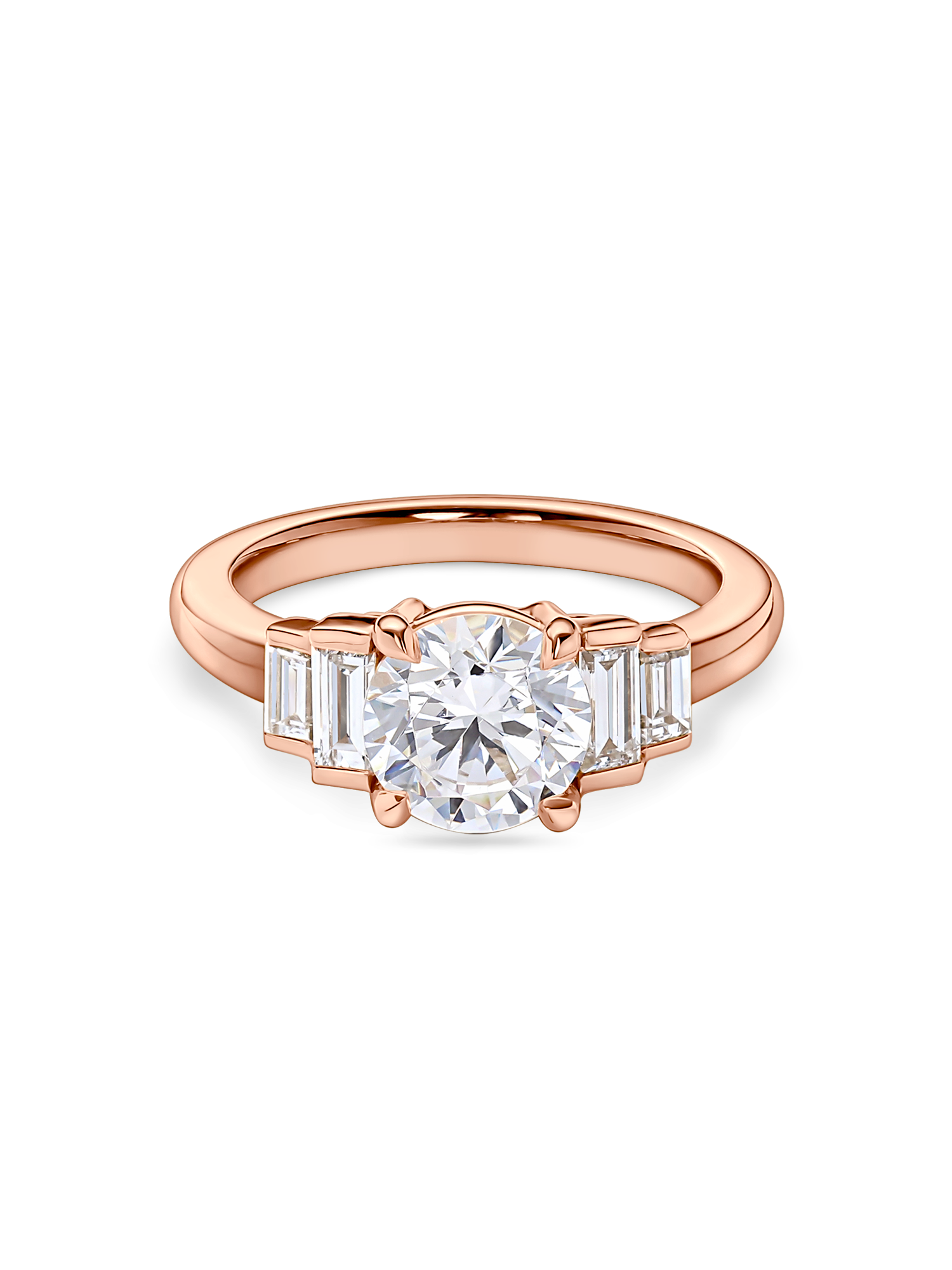 front view of rose gold art deco engagement ring. Five stone ring with round lab grown diamonds and side baguettes