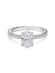 front view of 1.5ct oval engagement ring with diamond set band in platinum