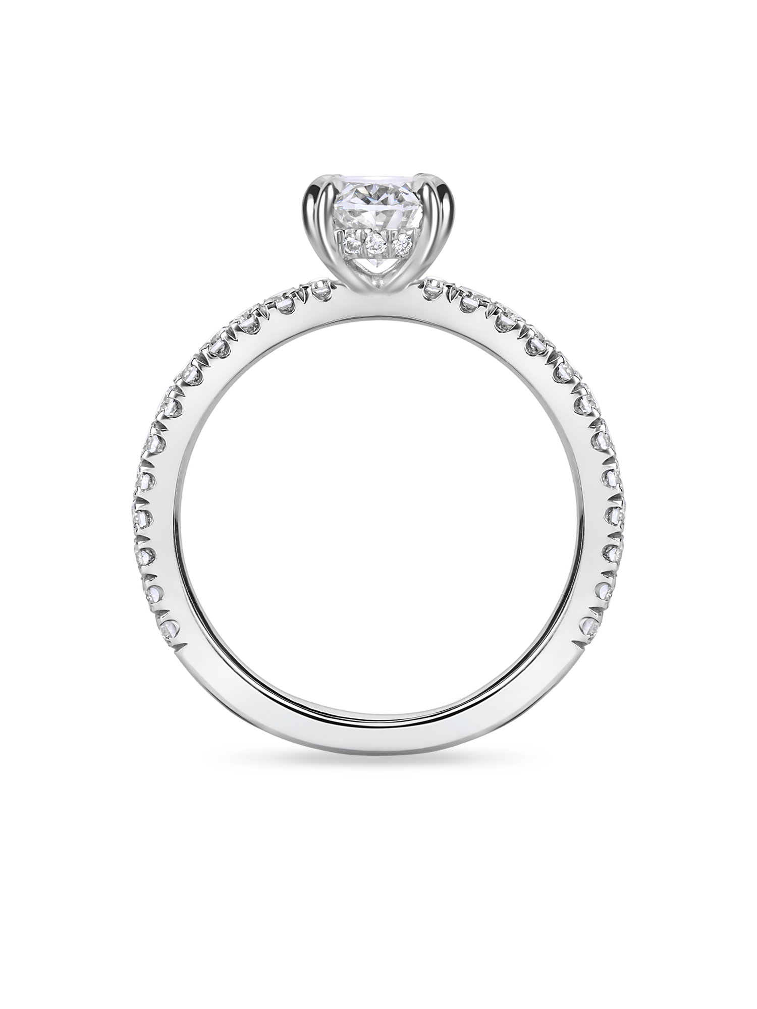 side view of oval engagement ring with diamond set band and hidden halo