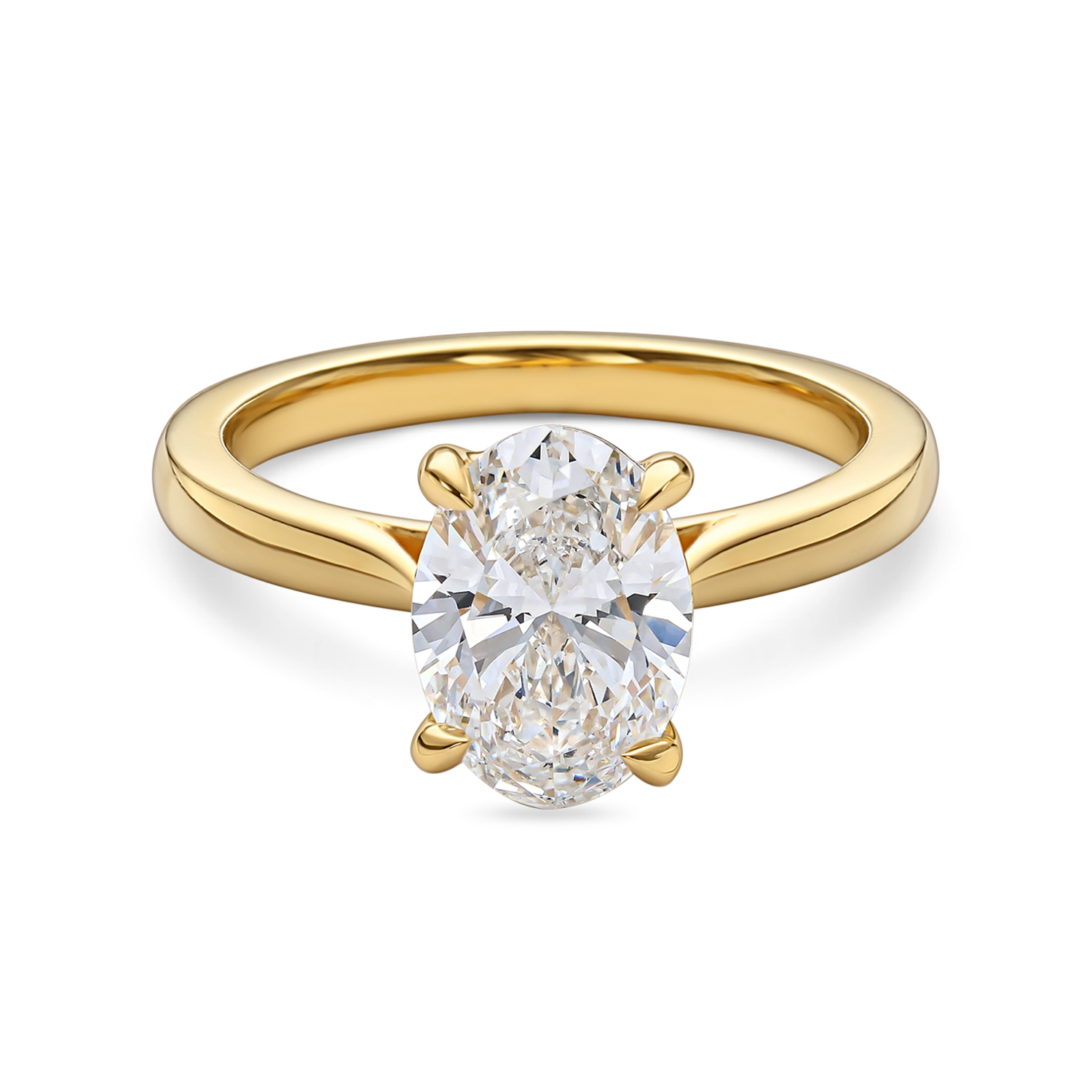 3 carat oval solitaire engagement ring in cathedral setting with lab grown diamond in yellow gold front view