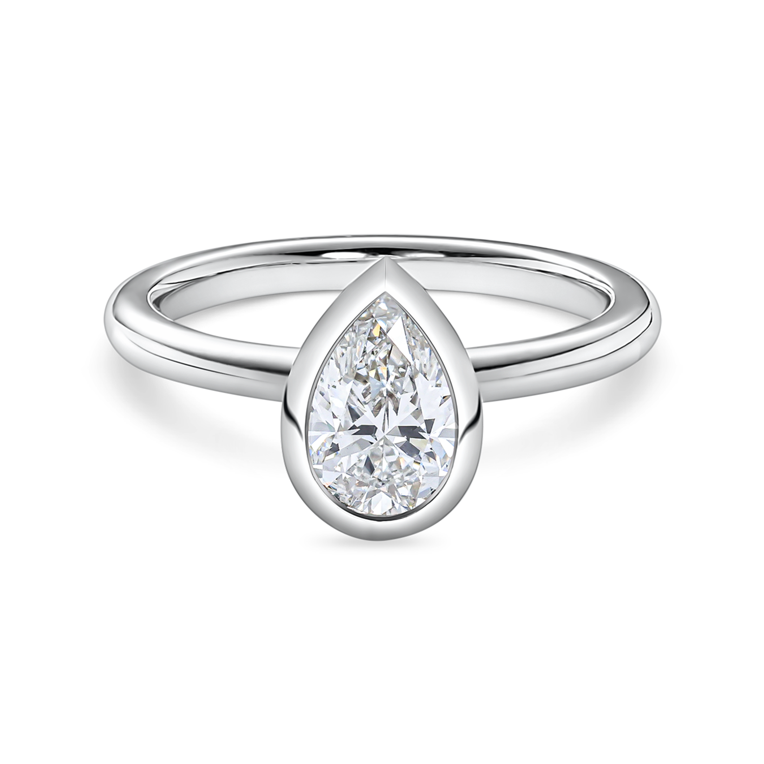 front view of 1.5carat bezel set pear shaped engagement ring in platinum featuring lab grown diamond.