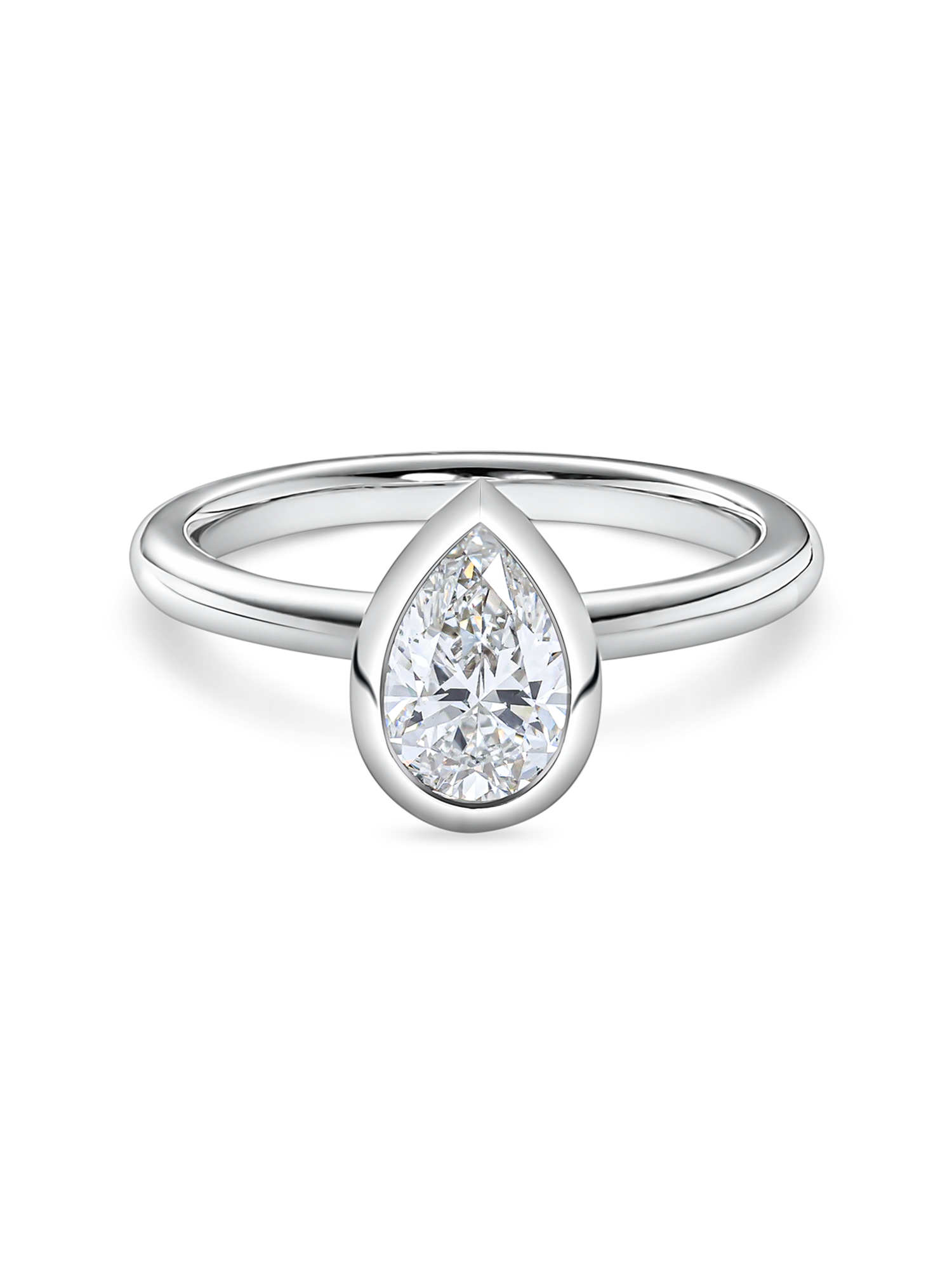 front view of 1.5carat bezel set pear shaped engagement ring in platinum featuring lab grown diamond.